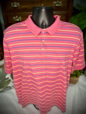 Lands' End Pink Striped Polo with Blue and Yellow Accents